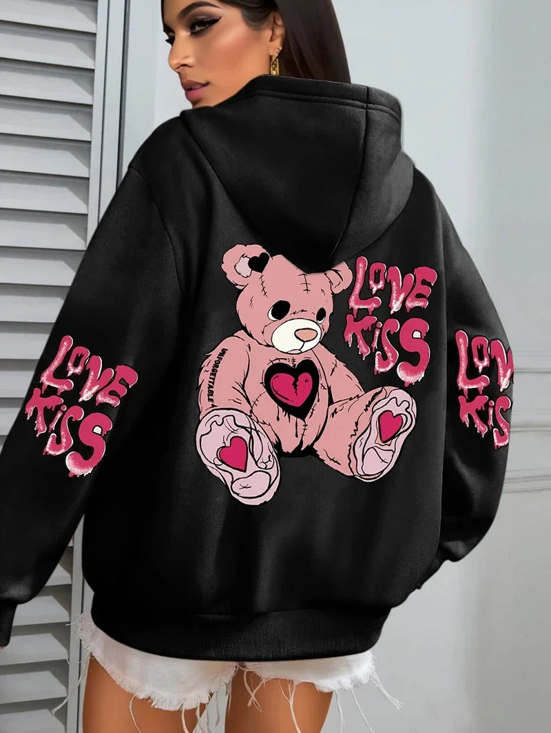 Pink Love Kiss Art Letter Prints Hoodies Women Pocket Autumn Hoody Fleece Multicolor Streetwear Unisex Hip Hop Y2K Clothing
