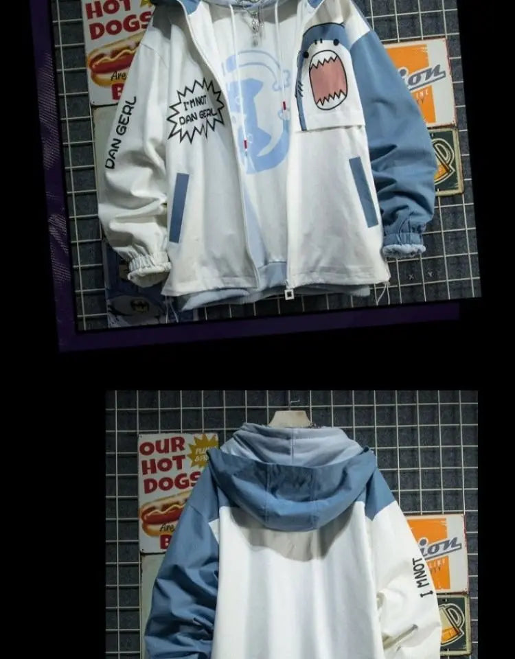New 2025 Spring Woman Hooded Cute Shark Print Japanese Style Patchwork Teen Hoodies Jacket Fashion Harajuku Women Sweatshirt