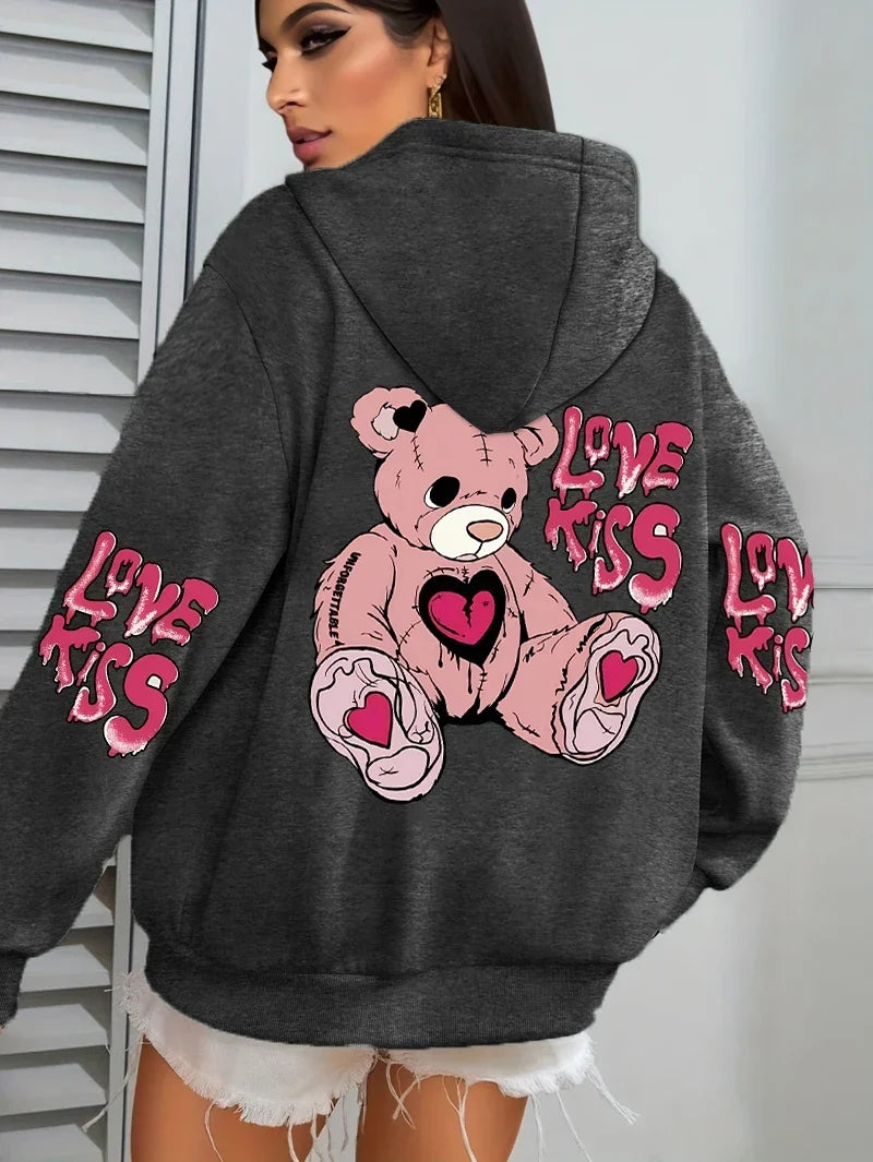 Pink Love Kiss Art Letter Prints Hoodies Women Pocket Autumn Hoody Fleece Multicolor Streetwear Unisex Hip Hop Y2K Clothing
