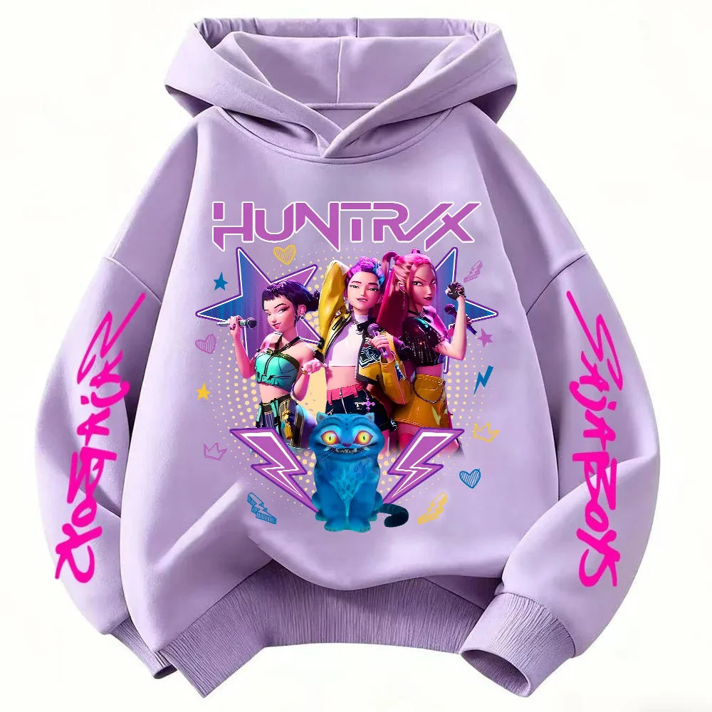2026 KPop Demon Hunter Cartoon Girls Boy Hooded Sweatshirt Warm Children's Korean Wave Fashion Casual Tops Casual Girls Clothing