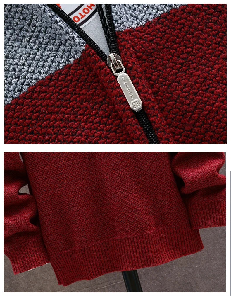 Men's Knit Sweater Fleece Coat Striped Jackets Fashion Hoodies Winter Autumn Thick Warm Windbreaker Pullovers Male Clothing