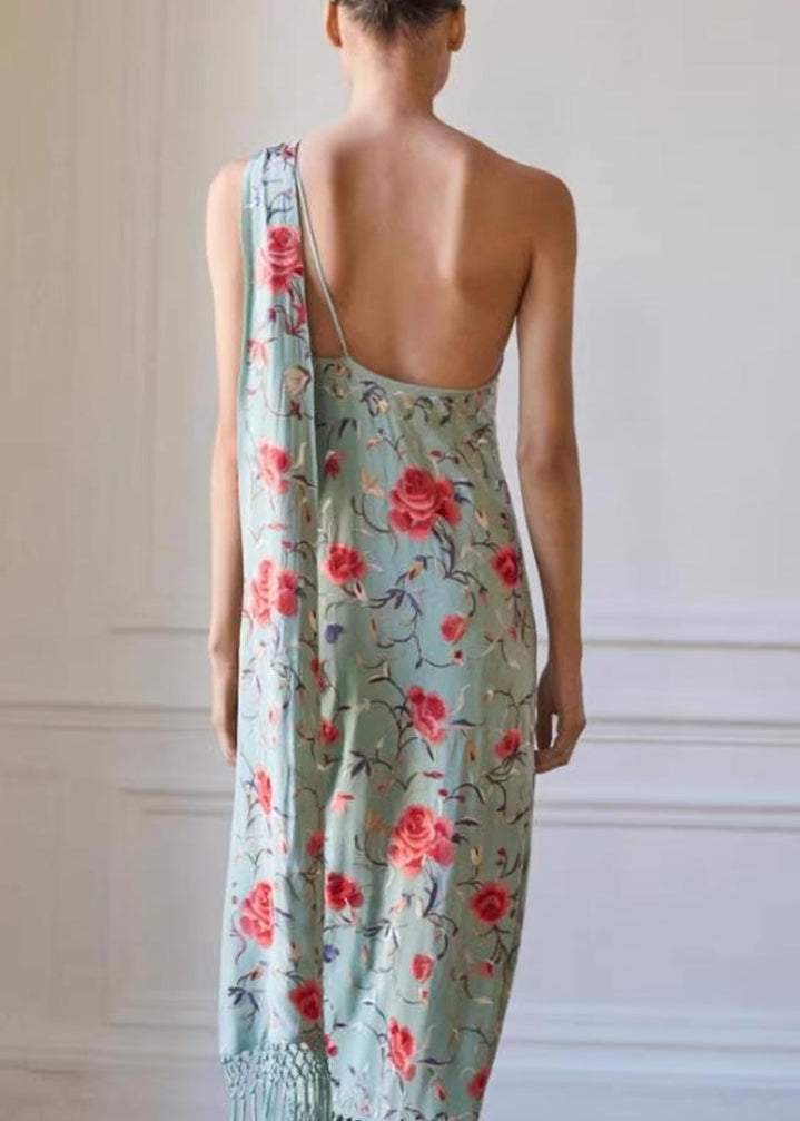 Cotton Vogue Dresses Tasseled Maxi Asymmetrical Print Green