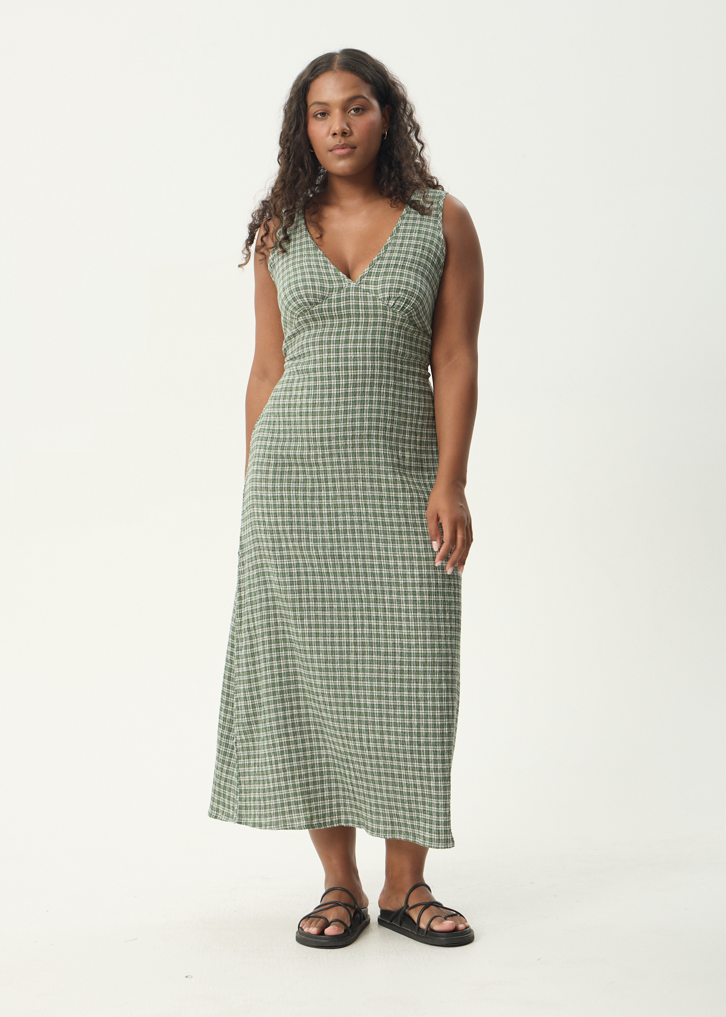 AFENDS Womens Tully - Seersucker Maxi Dress - Base Deep Green Check