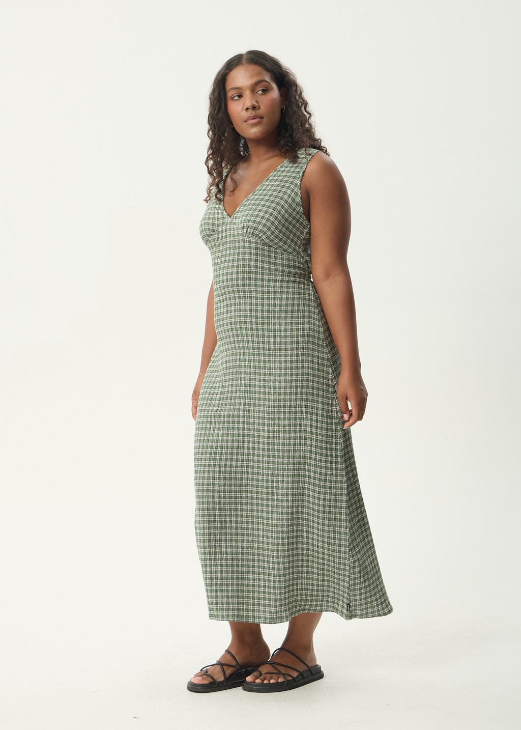 AFENDS Womens Tully - Seersucker Maxi Dress - Base Deep Green Check