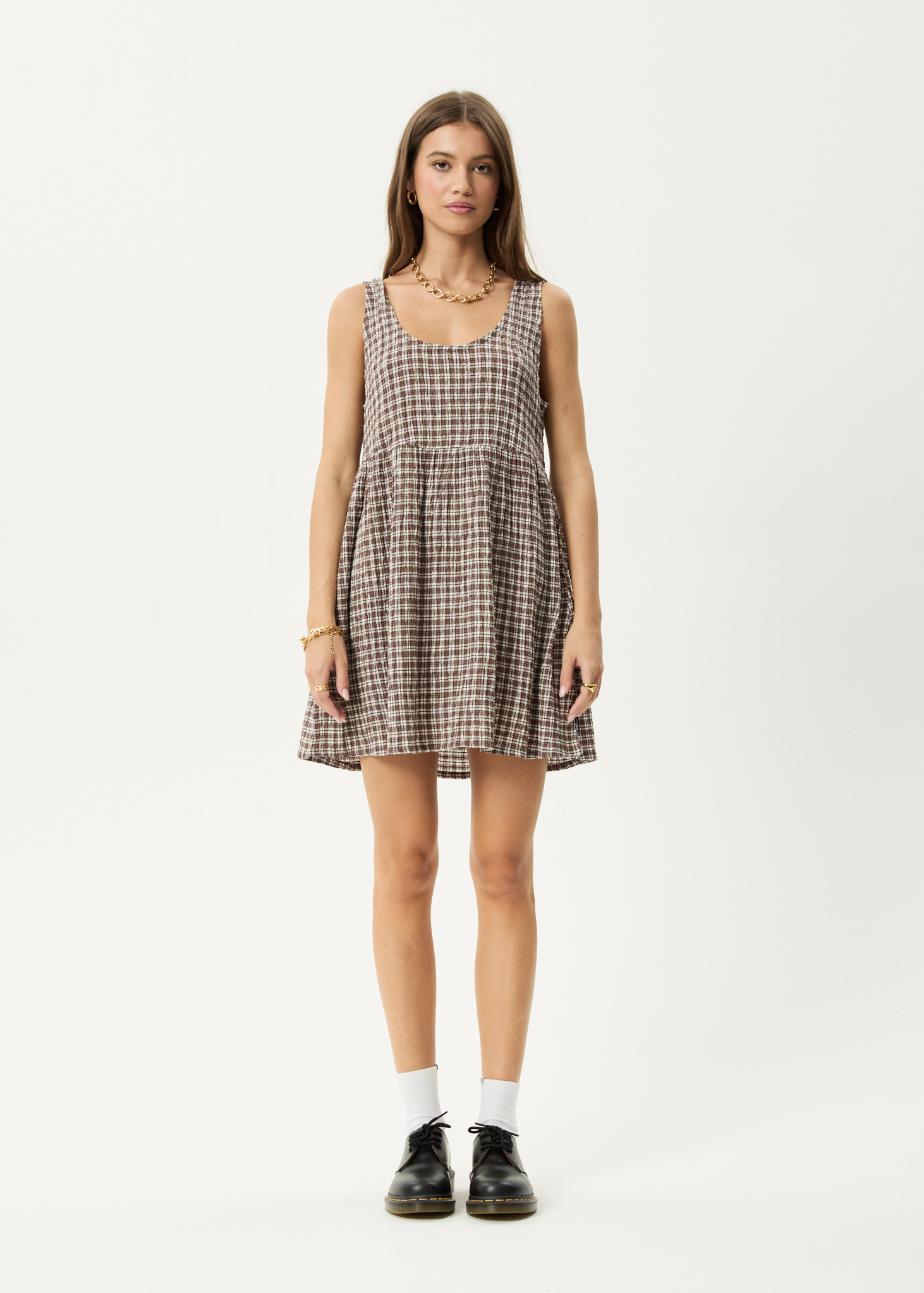 AFENDS Womens Jesse - Seersucker Mini Dress - Coffee Check