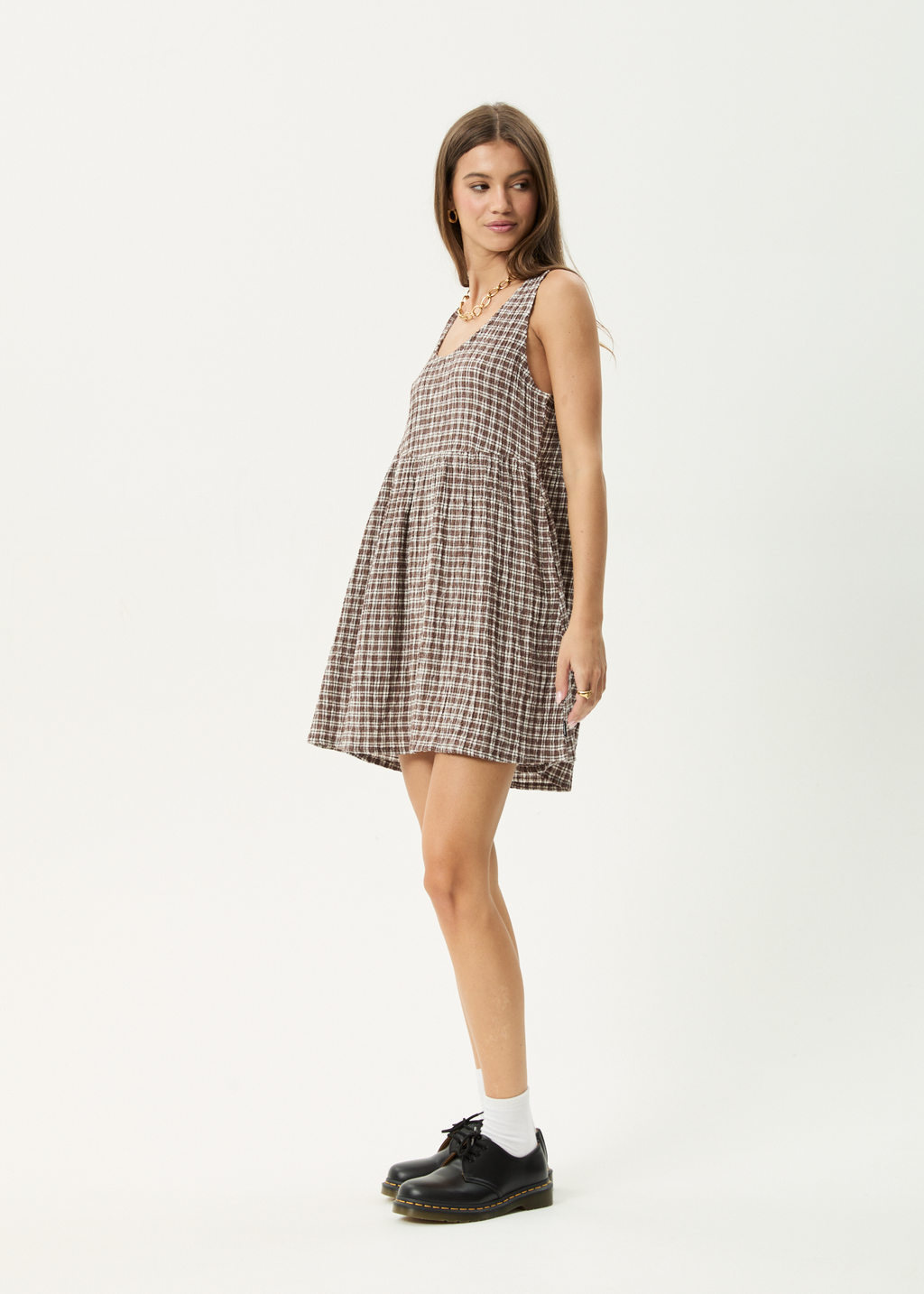 AFENDS Womens Jesse - Seersucker Mini Dress - Coffee Check