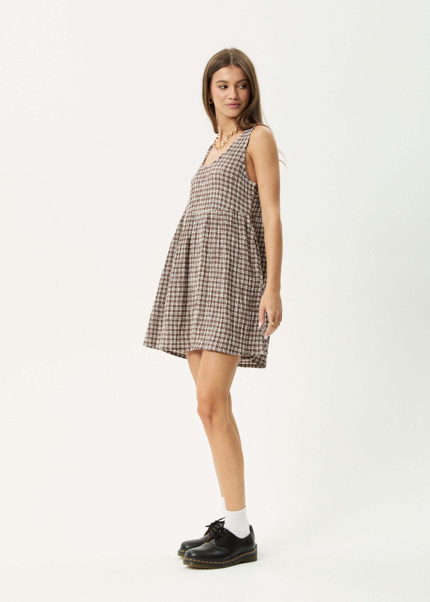 AFENDS Womens Jesse - Seersucker Mini Dress - Coffee Check