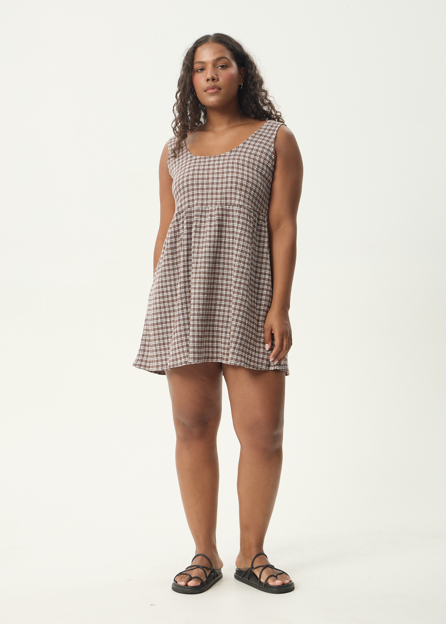 AFENDS Womens Jesse - Seersucker Mini Dress - Coffee Check