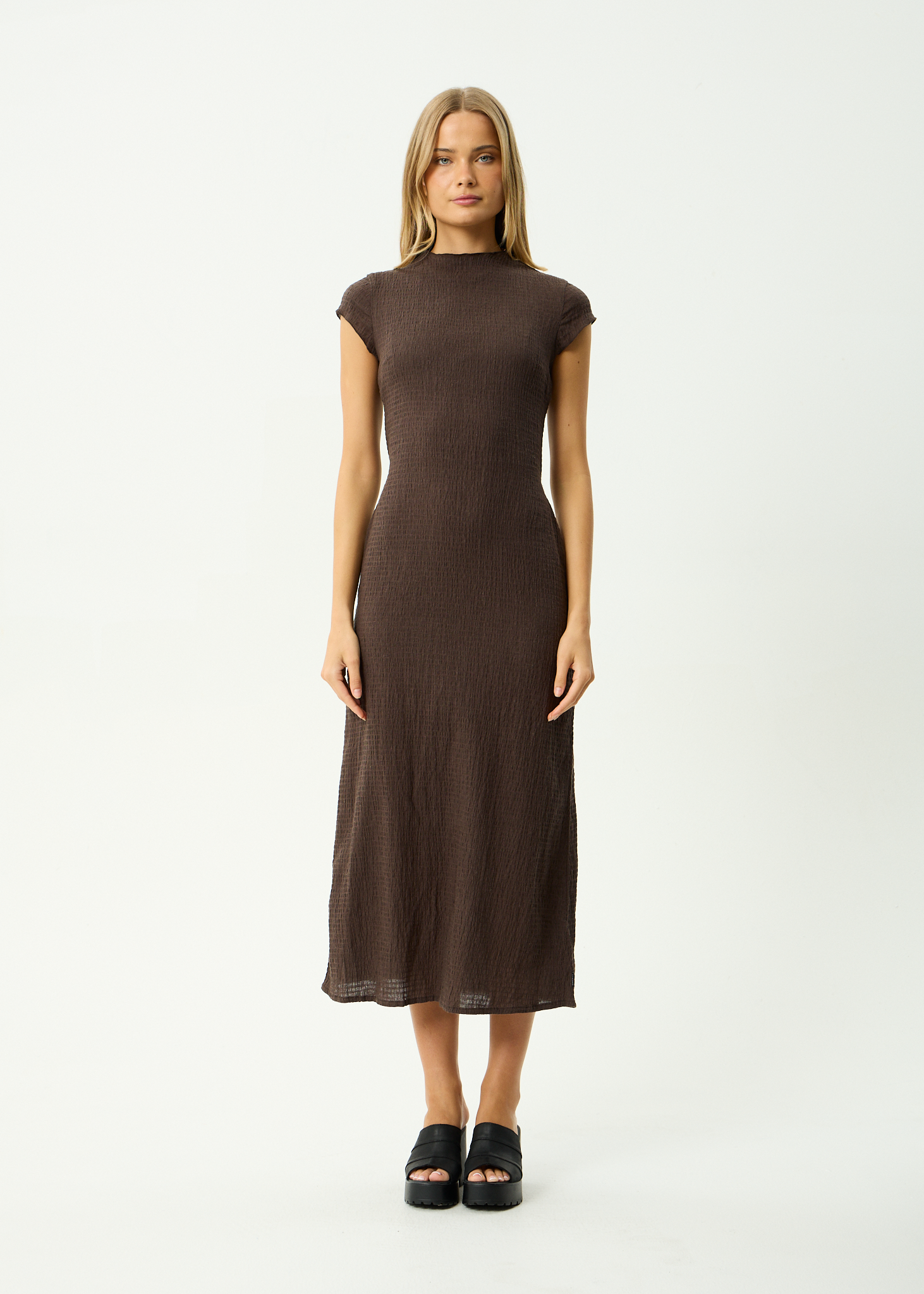AFENDS Womens Elodie - Seersucker Midi Dress - Coffee