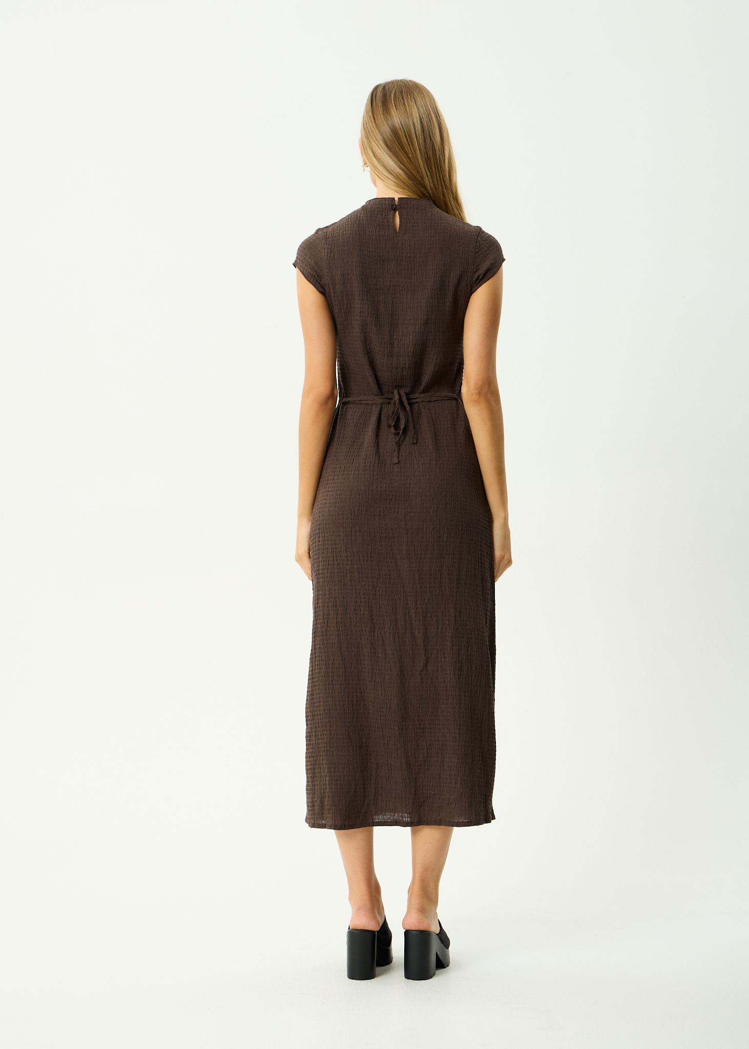 AFENDS Womens Elodie - Seersucker Midi Dress - Coffee