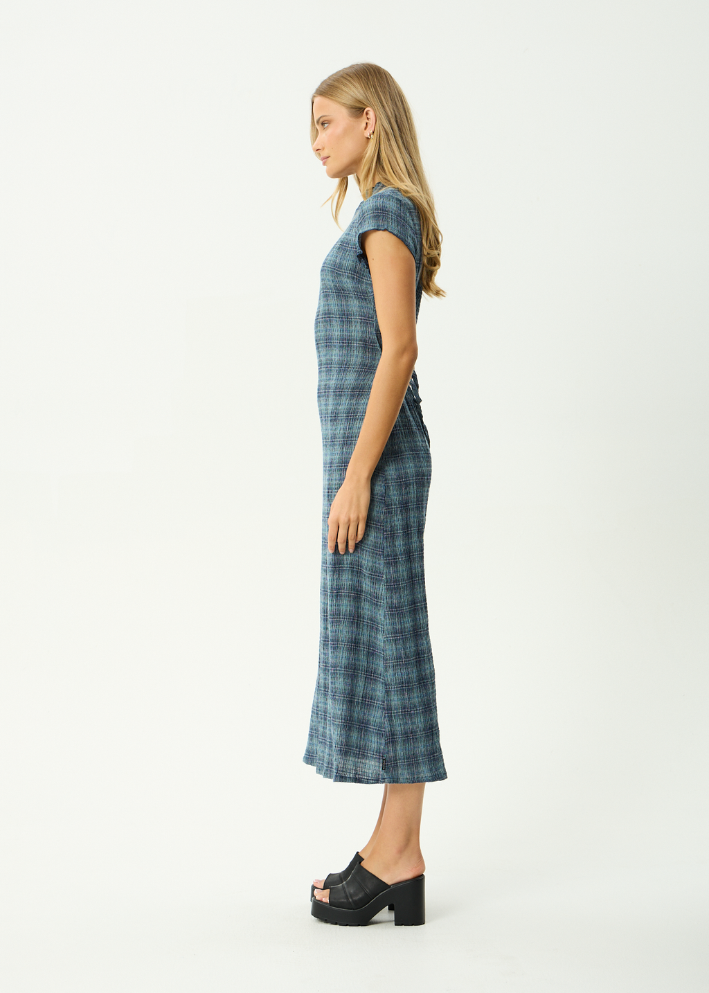 AFENDS Womens Elodie - Seersucker Midi Dress - Position Navy Check