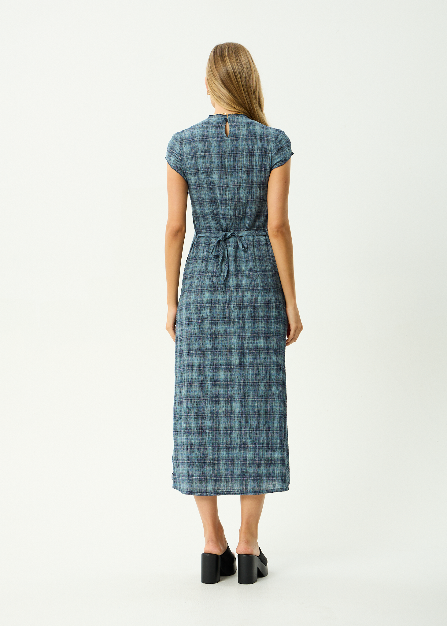 AFENDS Womens Elodie - Seersucker Midi Dress - Position Navy Check