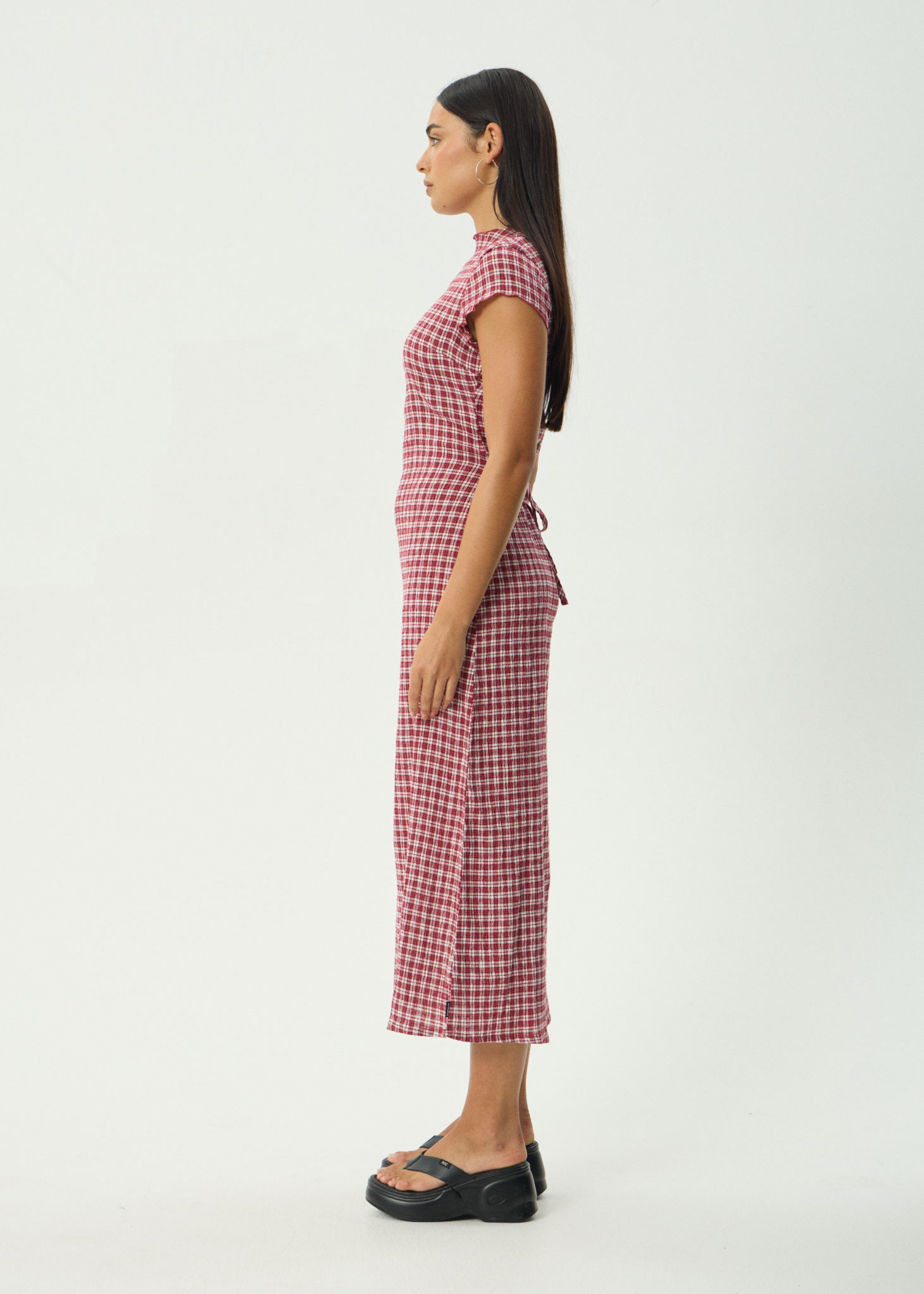 AFENDS Womens Elodie - Seersucker Midi Dress - Base Burgundy Check