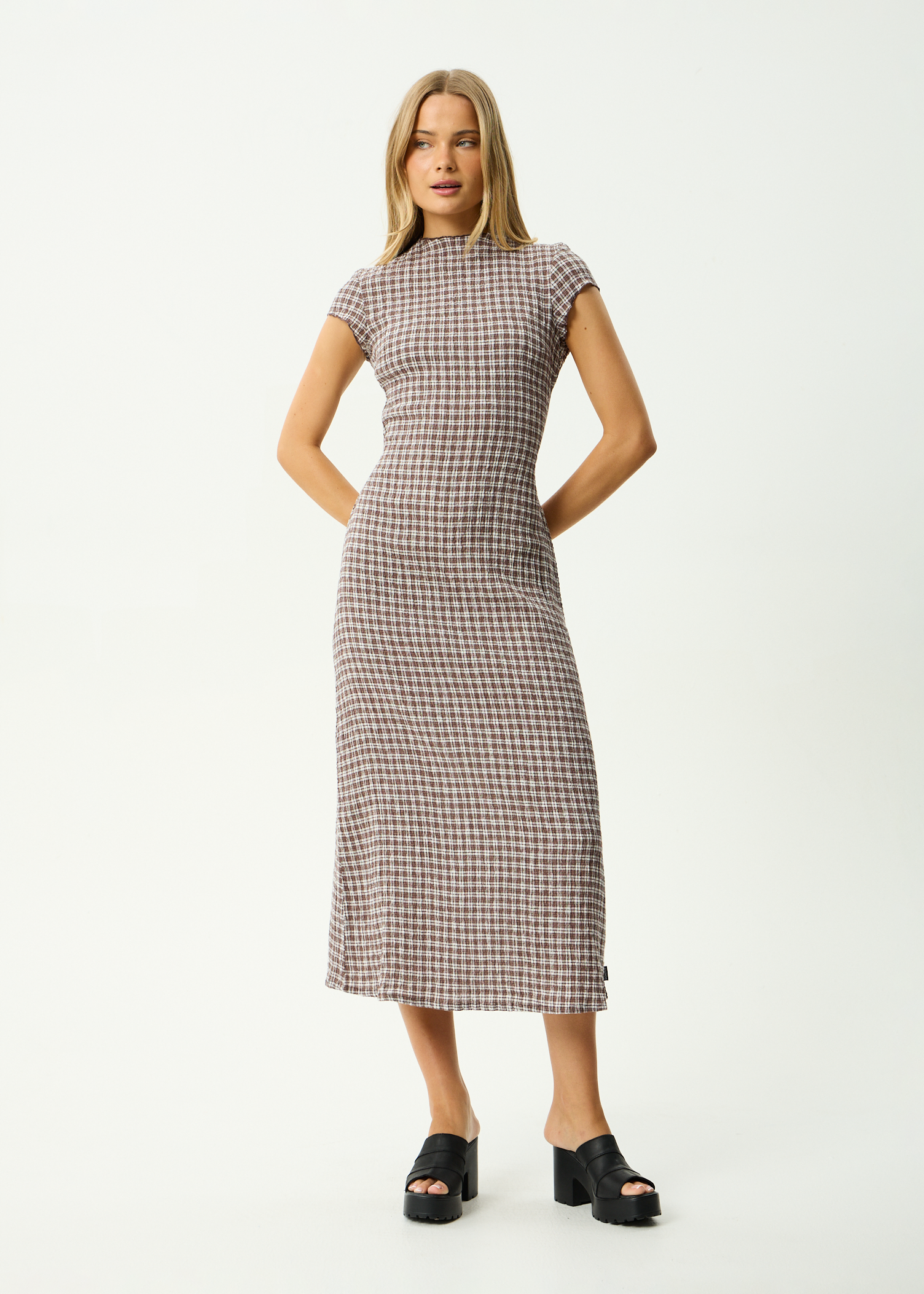 AFENDS Womens Elodie - Seersucker Midi Dress - Base Coffee Check