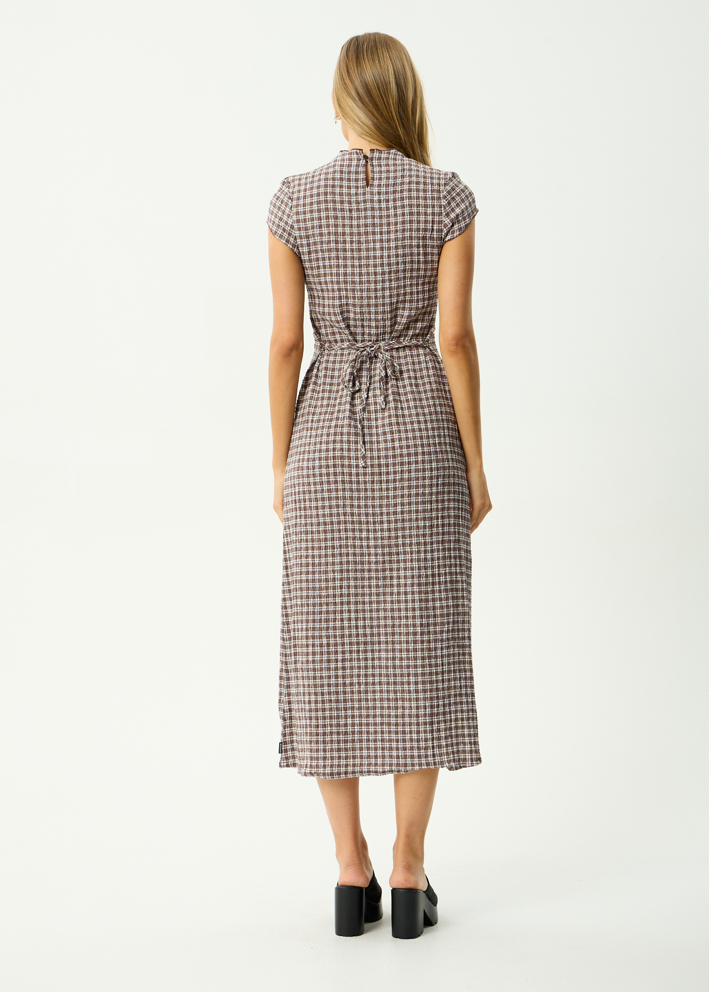 AFENDS Womens Elodie - Seersucker Midi Dress - Base Coffee Check
