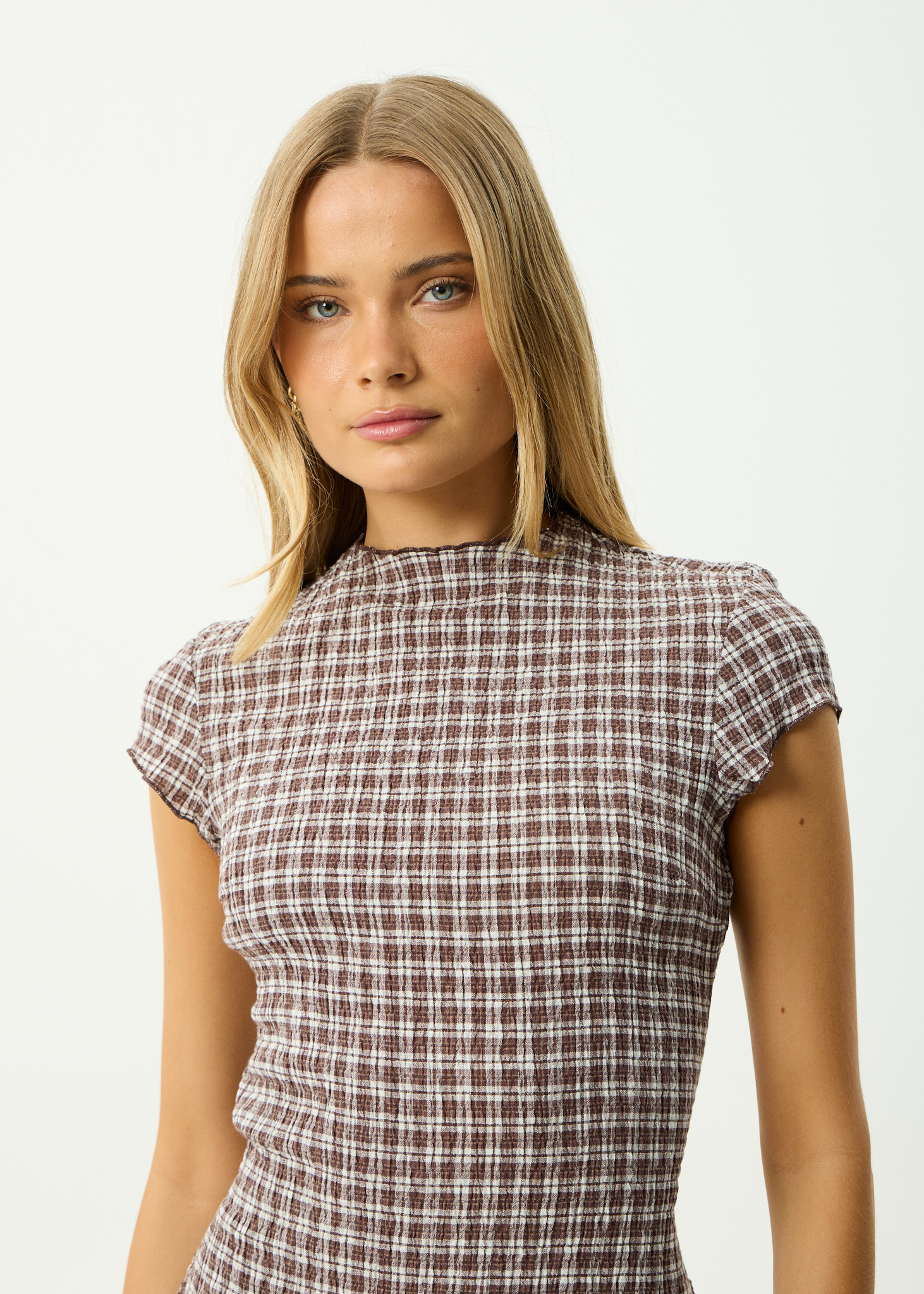 AFENDS Womens Elodie - Seersucker Midi Dress - Base Coffee Check
