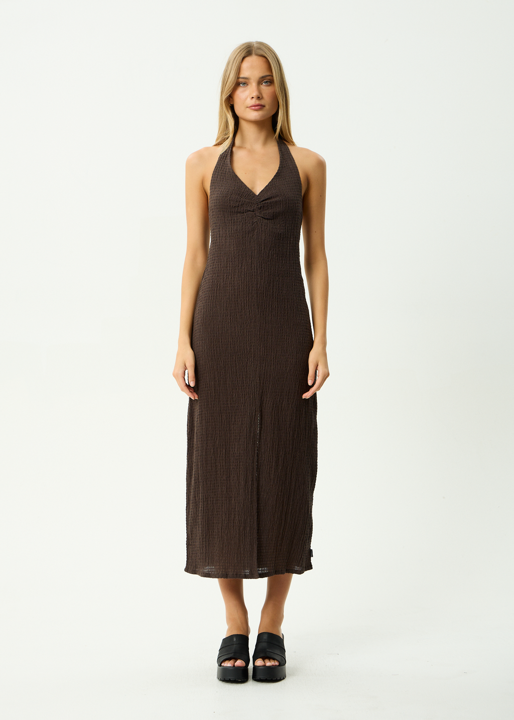 AFENDS Womens Andy - Seersucker Halter Maxi Dress - Coffee
