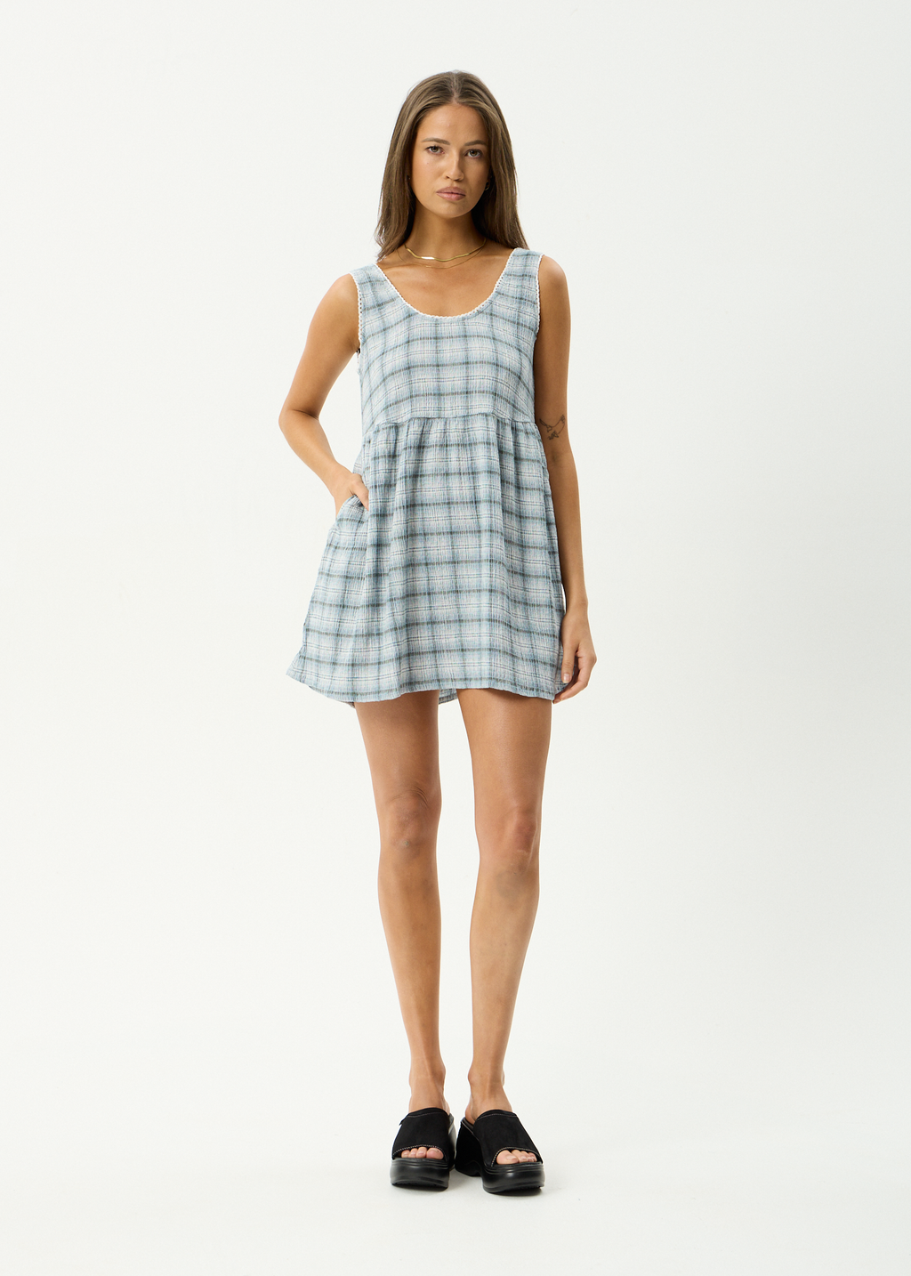 AFENDS Womens Jesse - Seersucker Mini Dress - Overcast Check