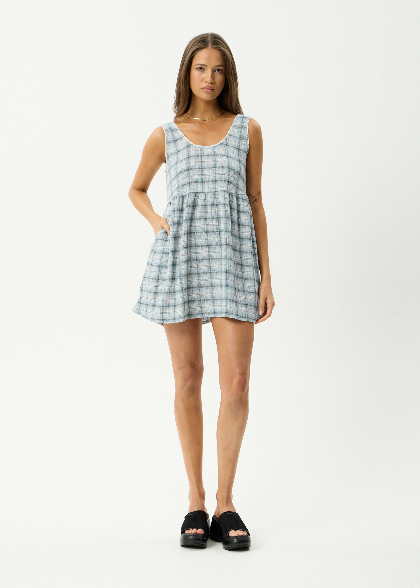 AFENDS Womens Jesse - Seersucker Mini Dress - Overcast Check