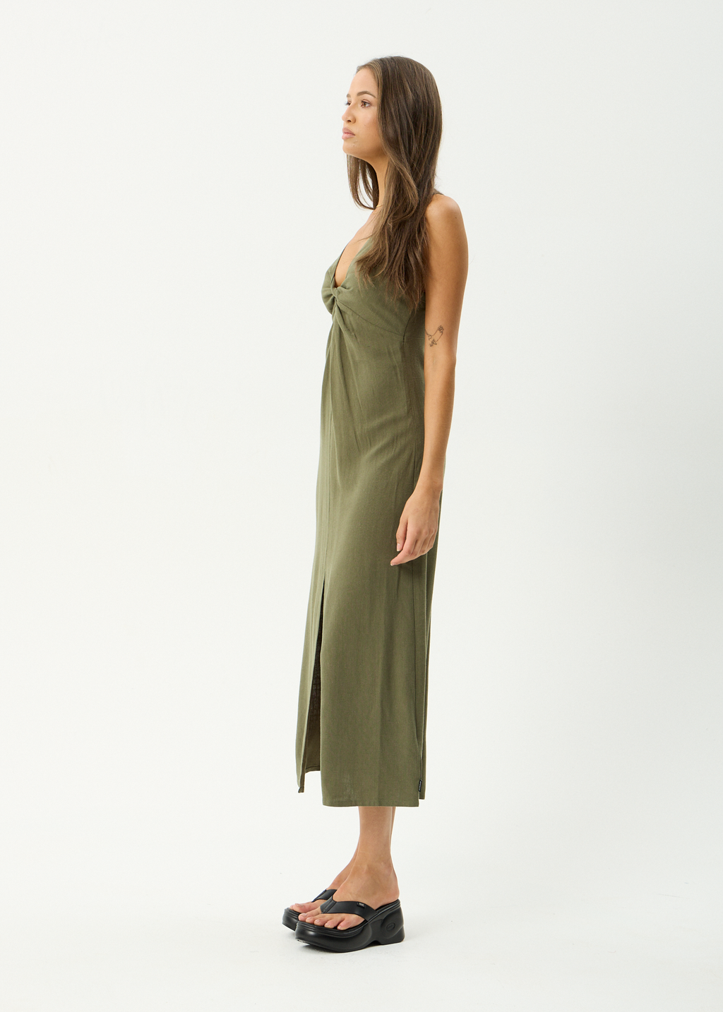 AFENDS Womens Halle - Linen Maxi Dress - Deep Olive