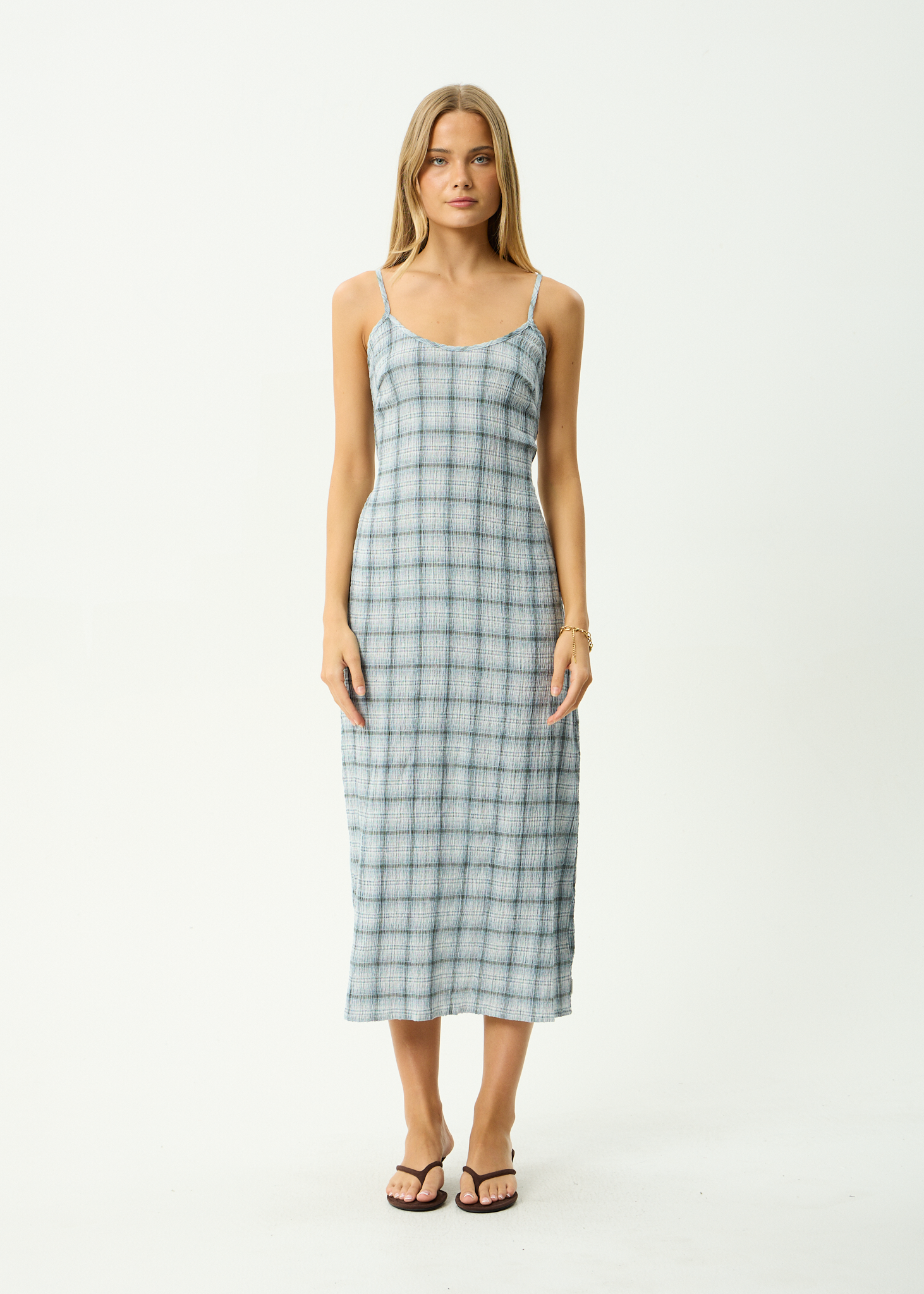 AFENDS Womens Rumi - Seersucker Midi Dress - Overcast Check