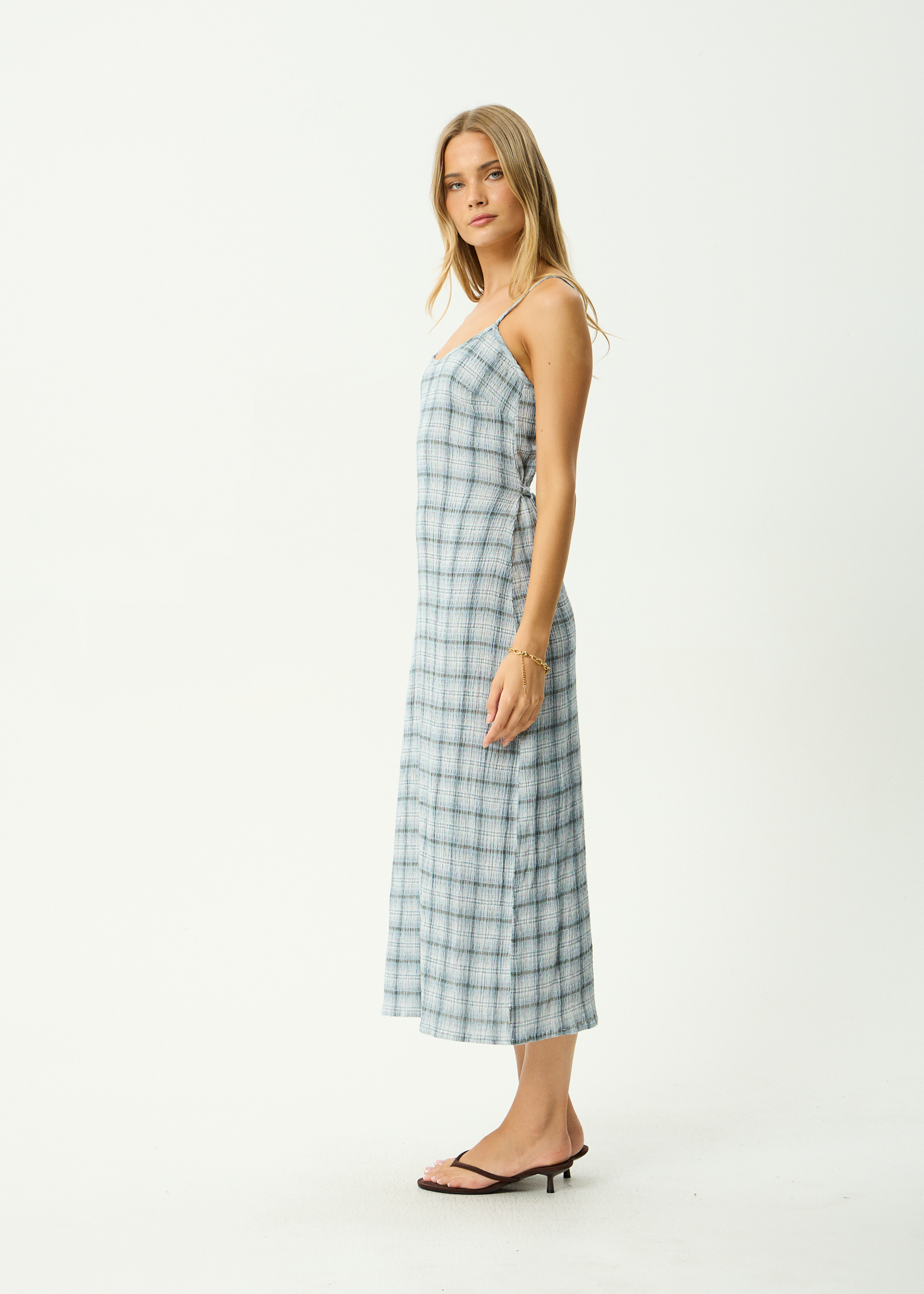 AFENDS Womens Rumi - Seersucker Midi Dress - Overcast Check
