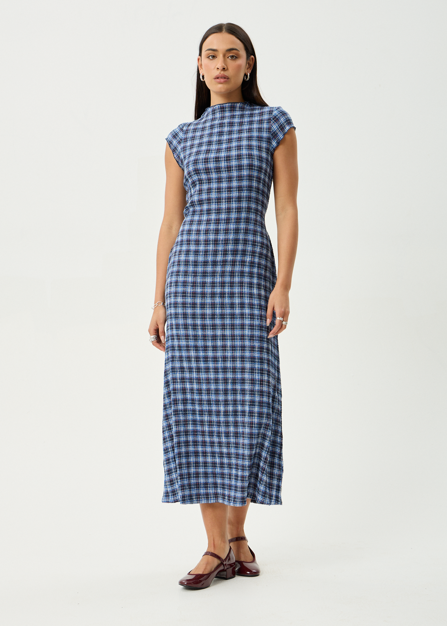 AFENDS Womens Elodie - Seersucker Midi Dress - Mountains Navy Red Check