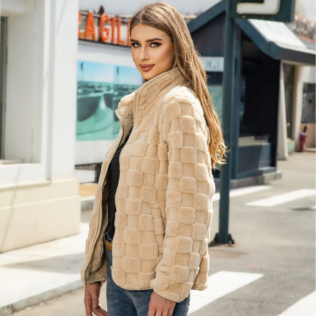 Loose Solid Color Plaid Plush Coat
