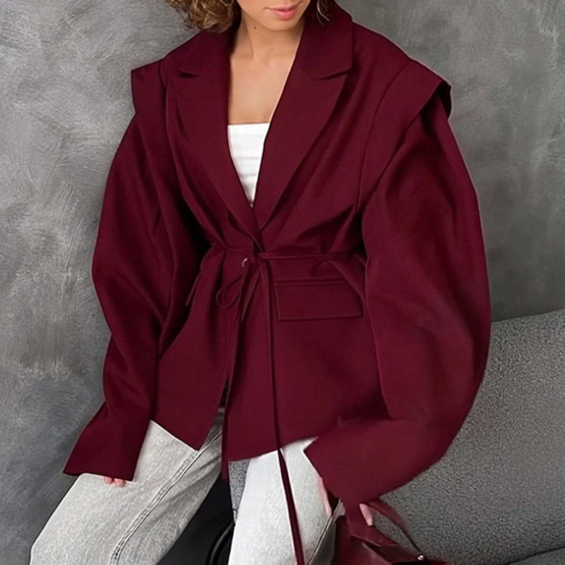Thin Lace-up Loose All-matching V-neck Coat Women