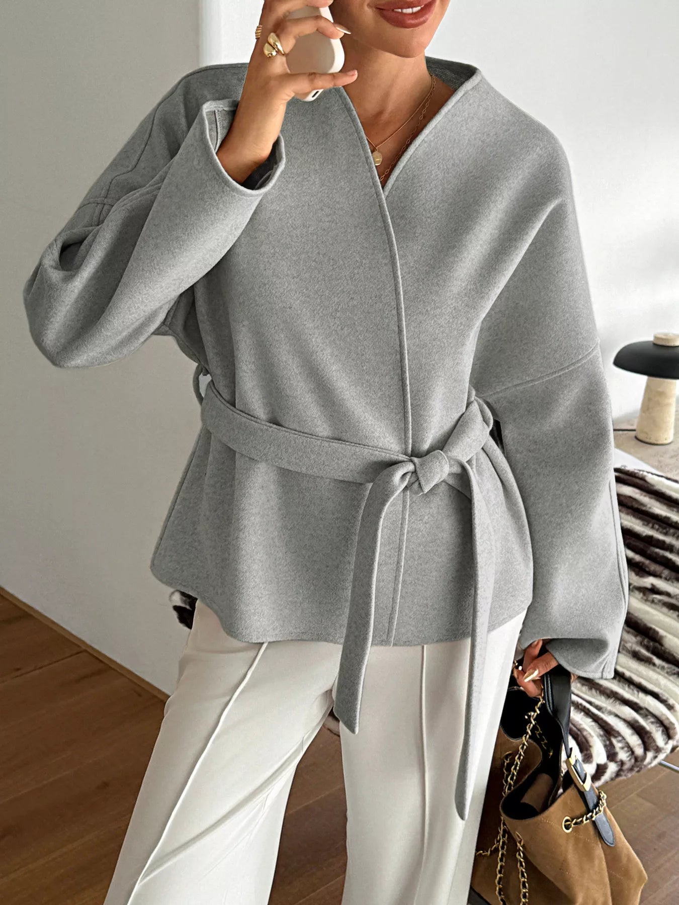 Surplice Dropped Shoulder Tie Belt Outerwear