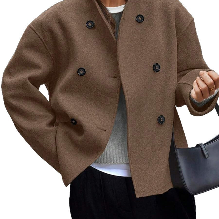 Women's Casual Double Breasted Solid Color Woolen Overcoat Coat