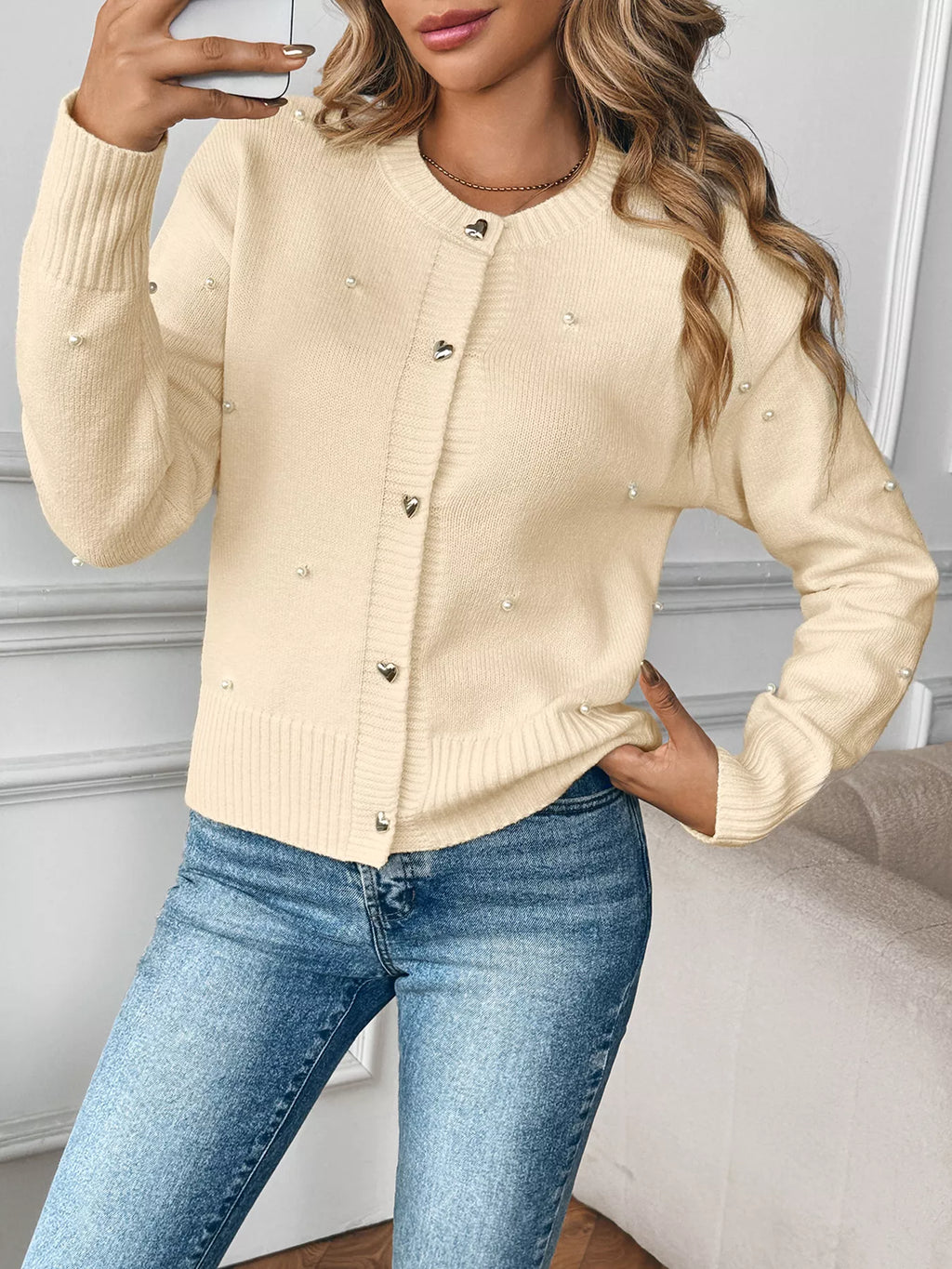 Pearl Embellished Button-Up Cardigan