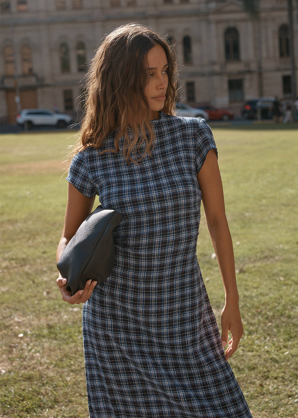 AFENDS Womens Elodie - Seersucker Midi Dress - Mountains Navy Red Check