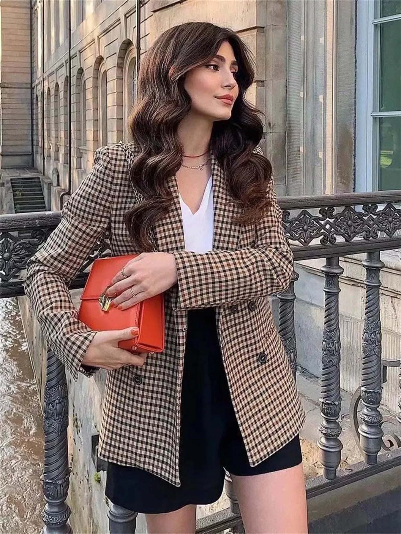 Plaid Lapel Collar Long Sleeve Blazer