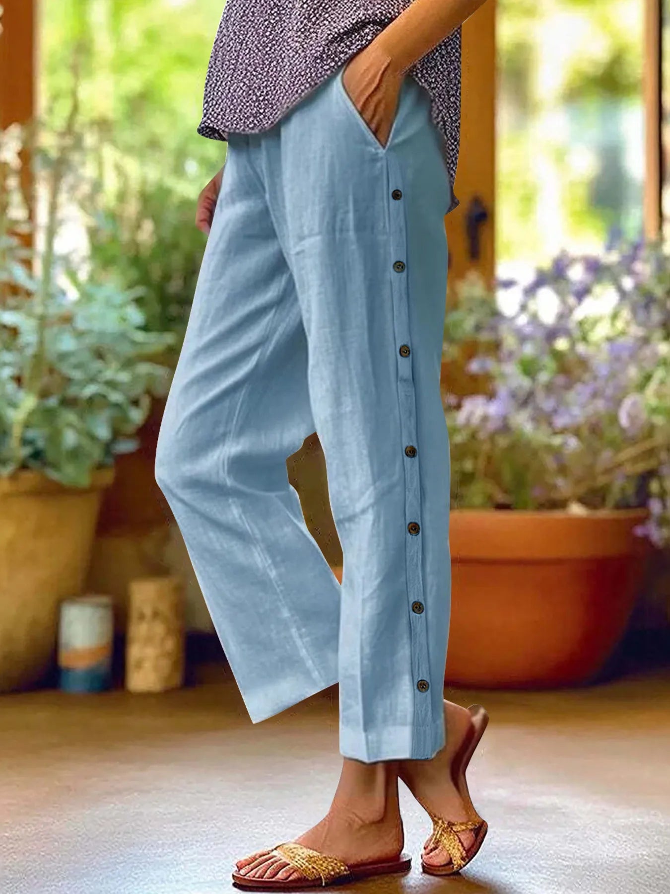 Full Size Side Decor Button Casual Wide Leg Pants Plus Size